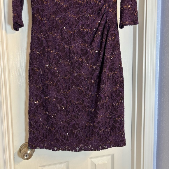 Lauren Ralph Lauren Dark Purple Lace Sequin Cowl-Neck Sheath Dress Sz 8 - Picture 3 of 15